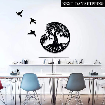Black modern iron wind chime wall art ornament with hanging strap.