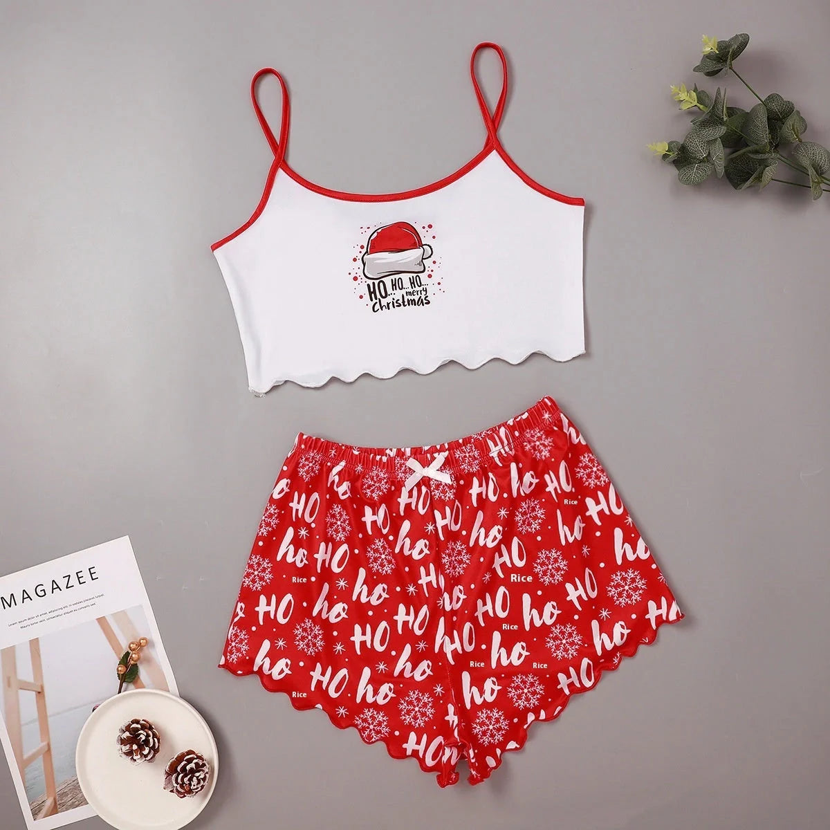 Christmas Women's Milk Silk Pajamas Set with Sleeveless Shorts in festive designs