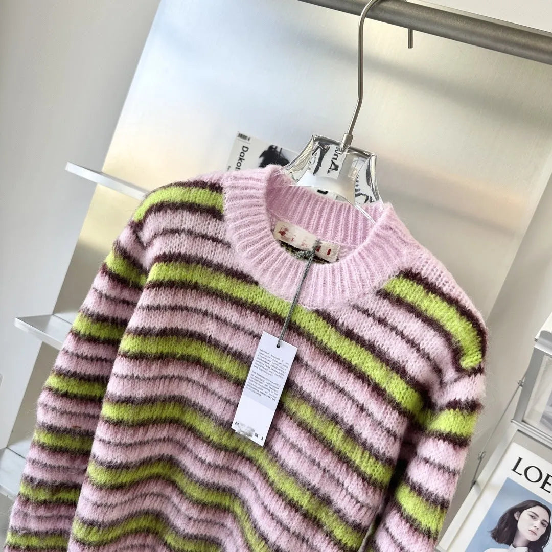 Pink wool ladies cardigan sweater with nap finish and contrast detailing, shown in cardigan and pullover styles.
