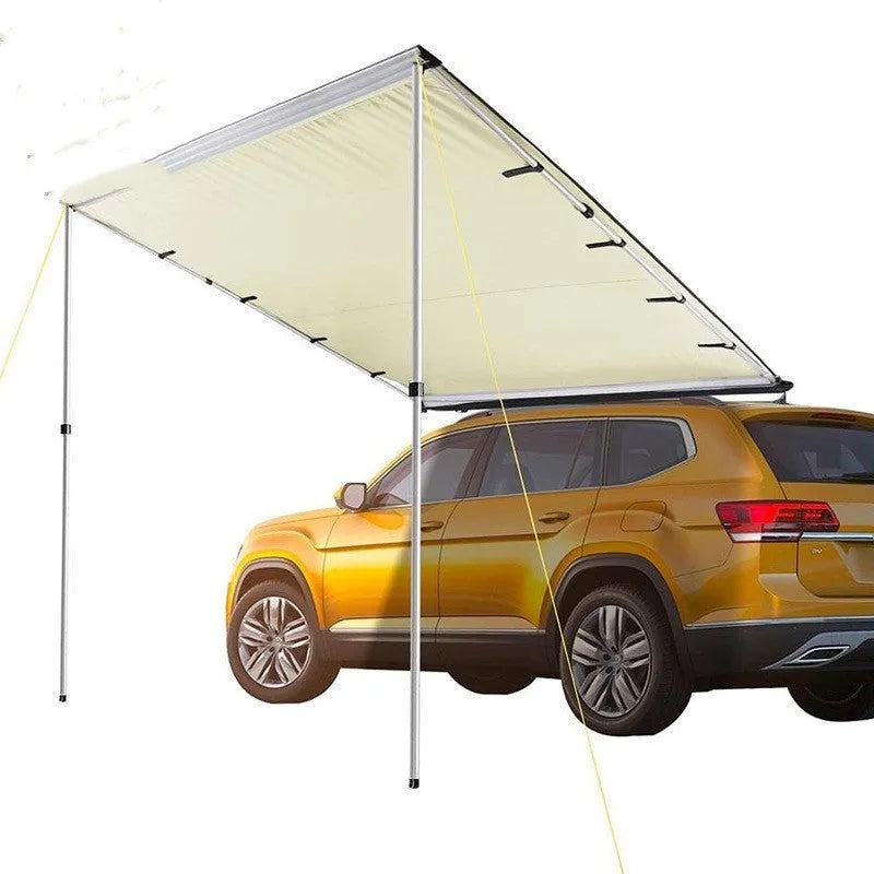 Black glue coated car sunshade tent with aluminium poles set up outdoors.