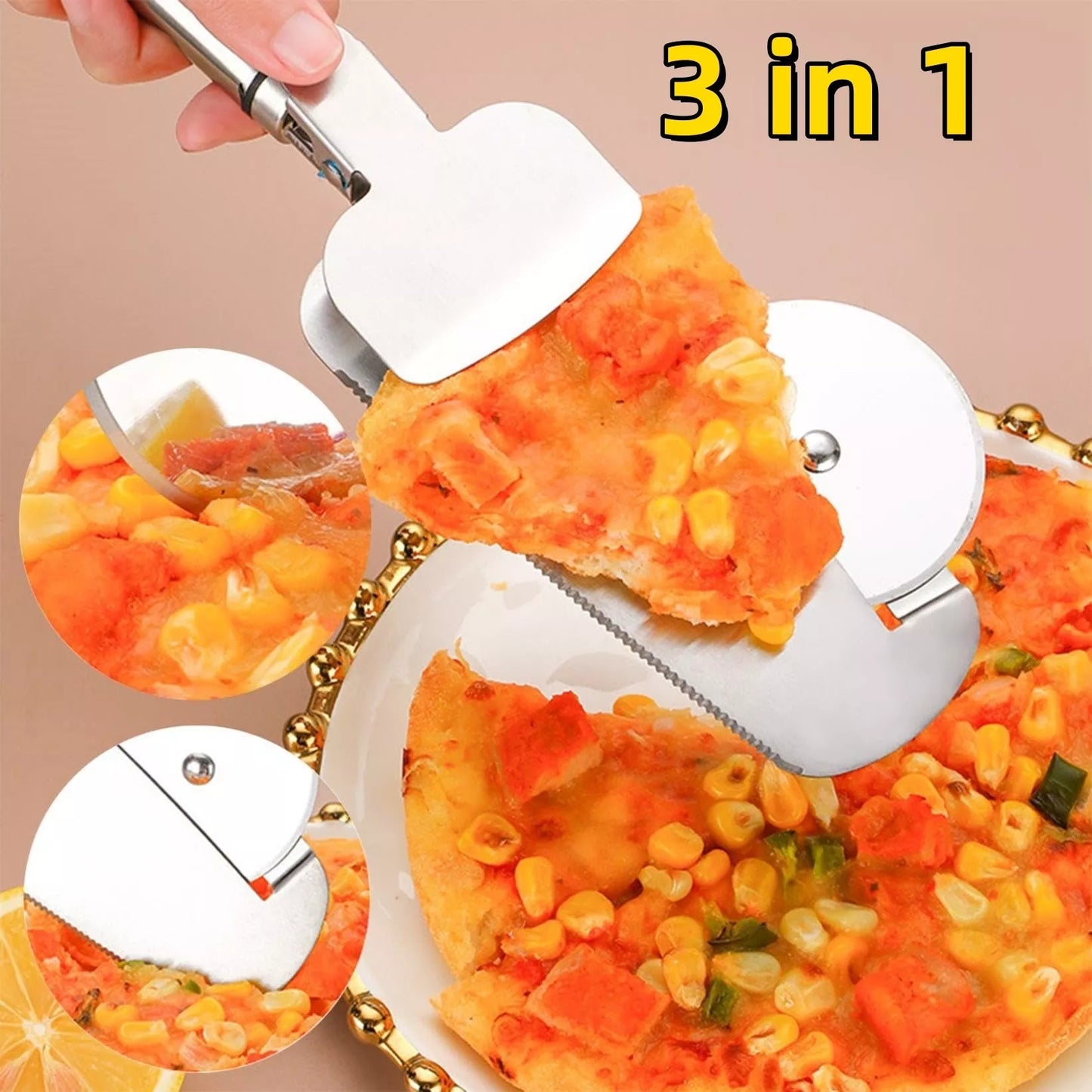 3-in-1 stainless steel pizza cutter with hanging holes for easy storage