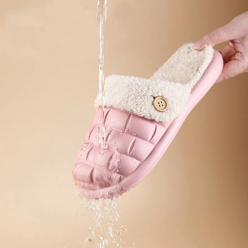 Plaid detachable slippers with EVA sole and plush lining in pink, green, yellow, white, grey, or black