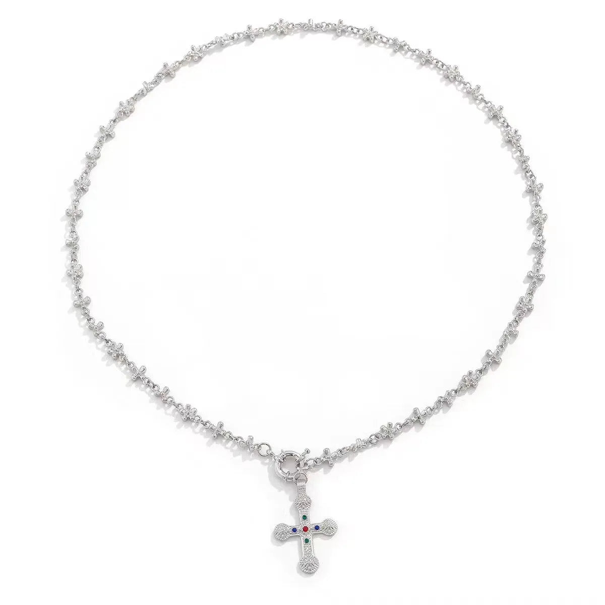 Rhinestone Y-shaped cross pendant necklace in gold or white K with electroplated alloy regular chain