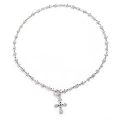 Rhinestone Y-shaped cross pendant necklace in gold or white K with electroplated alloy regular chain