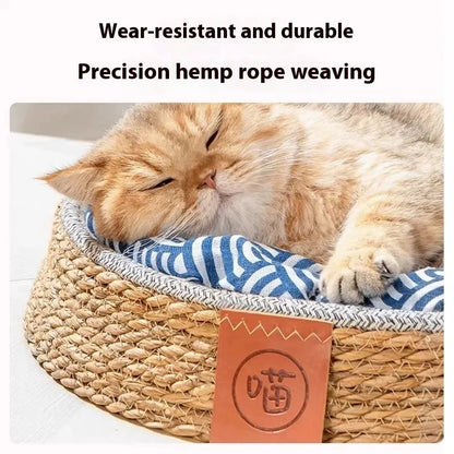 Natural rattan woven cat nest bed, available in four sizes, shown as a breathable basket-style pet bed.