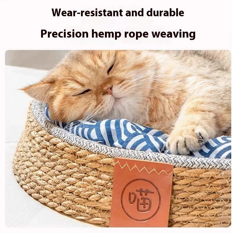 Woven rattan cat nest showing open construction for airflow, available in multiple sizes
