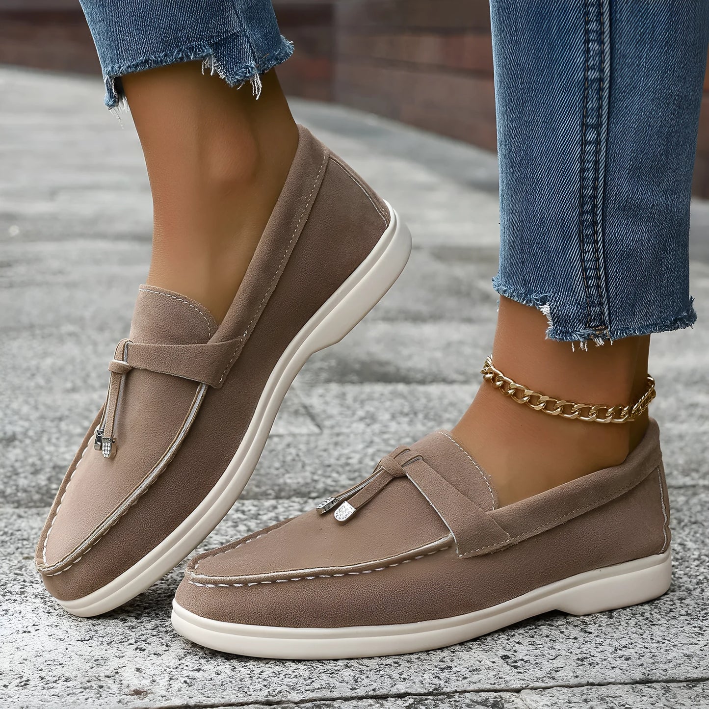 Solid colour canvas platform loafers with a rubber sole and round toe in apricot, shown from a side angle.