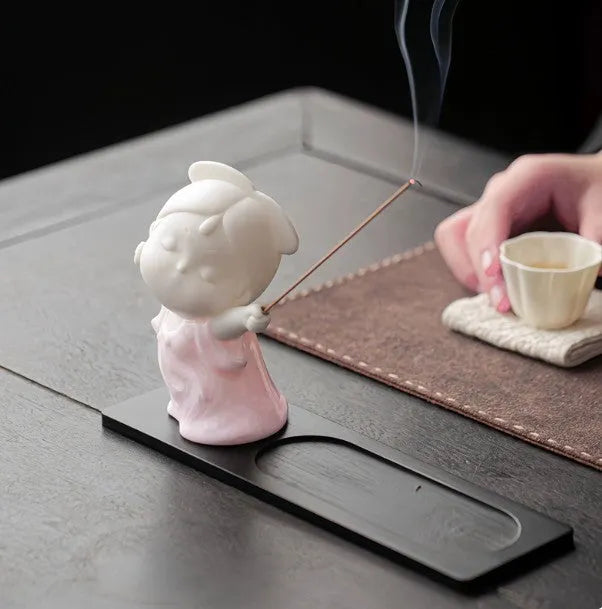 Ceramic cute female court attendant incense burner decoration in Qingge red colour.