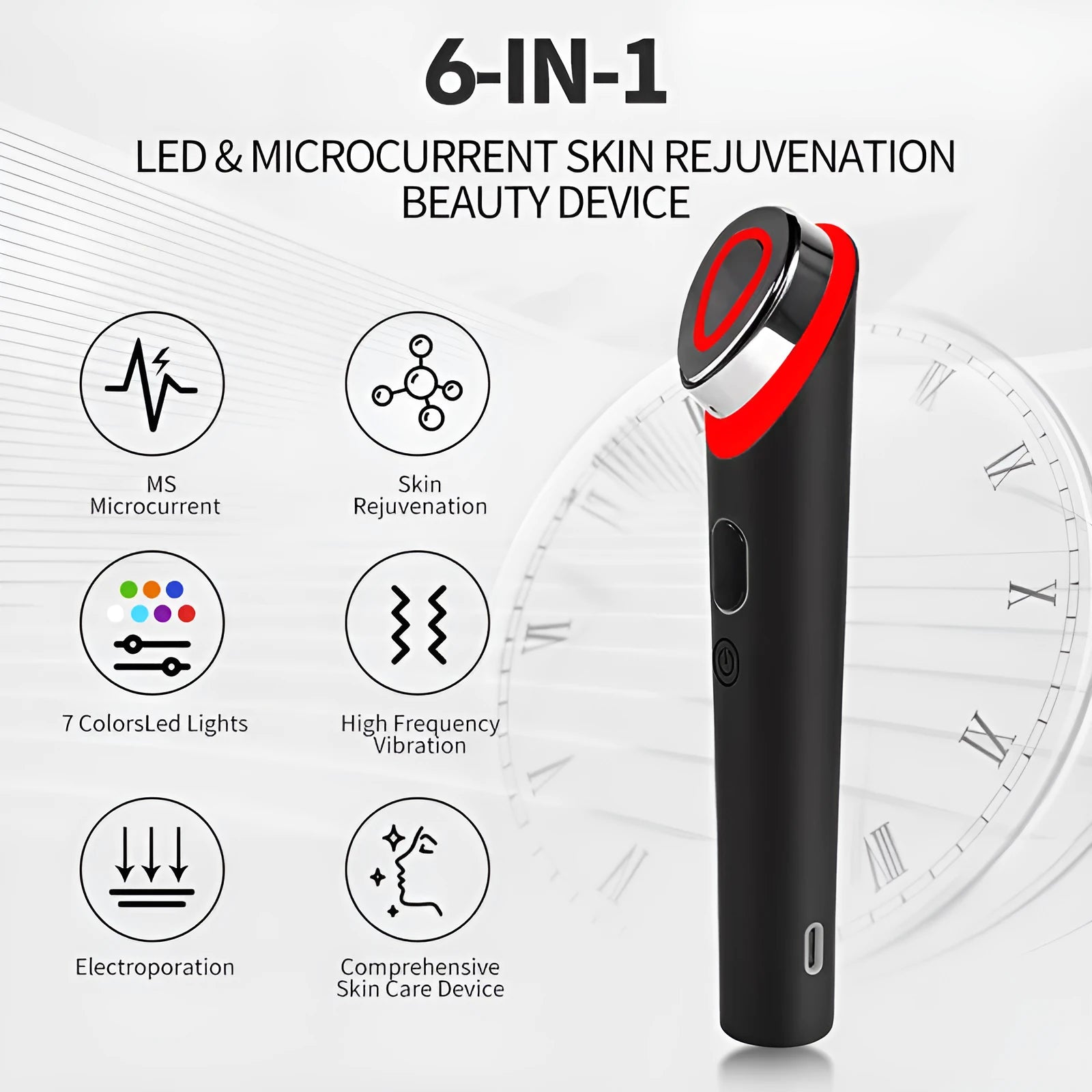 Black eye massager device for facial red and blue light therapy with 7 colour vibration settings.