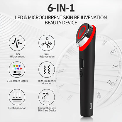 Black eye massager device for facial red and blue light therapy with 7 colour vibration settings.