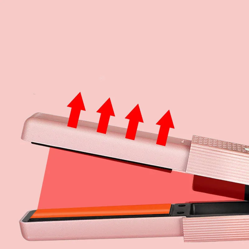 Pink and green cordless USB rechargeable mini hair straightener and curler with ceramic plates