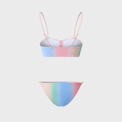 Women's lace-up front triangle top bikini swimsuit in a colour-matching style.