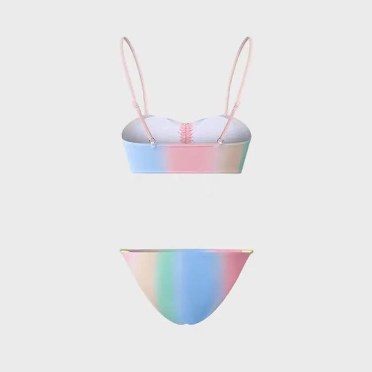 Women's bikini swimsuit with triangle top and lace-up front design, made from polyester fabric, suitable for sports, swimming, and wading activities, available in sizes XS, S, M, L, and XL in a colour-matching style.