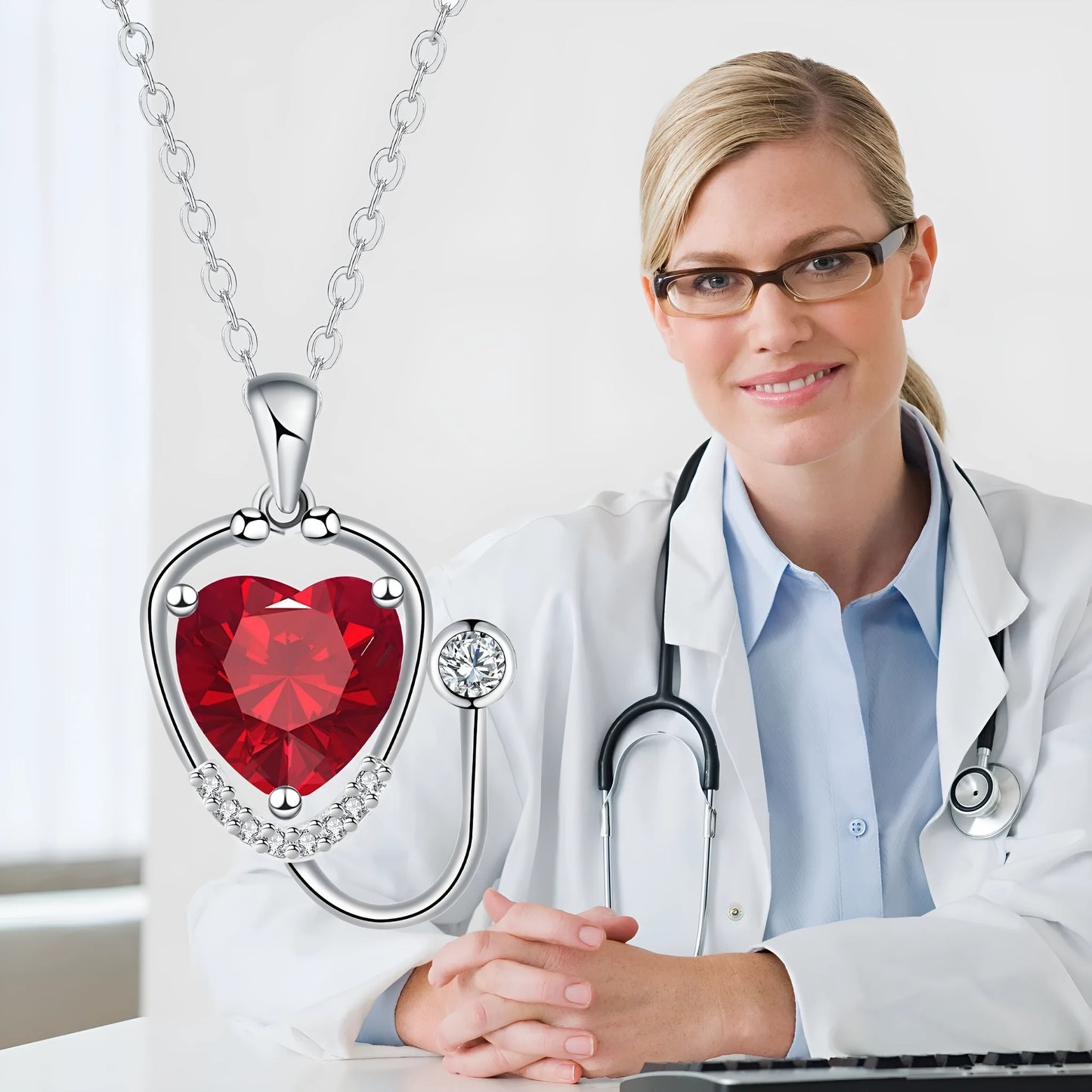 Red diamond wings cross stethoscope pendant necklace on a copper chain.