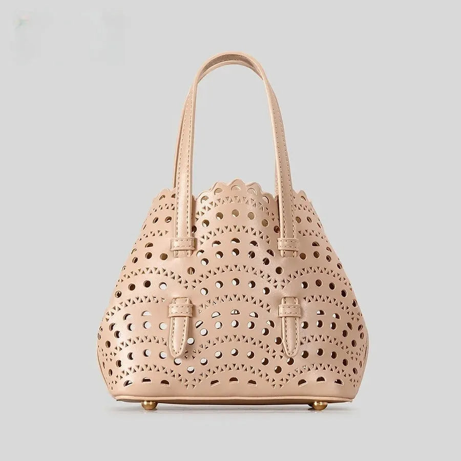 Hollow carved PU messenger tote bag with three straps in horizontal square shape
