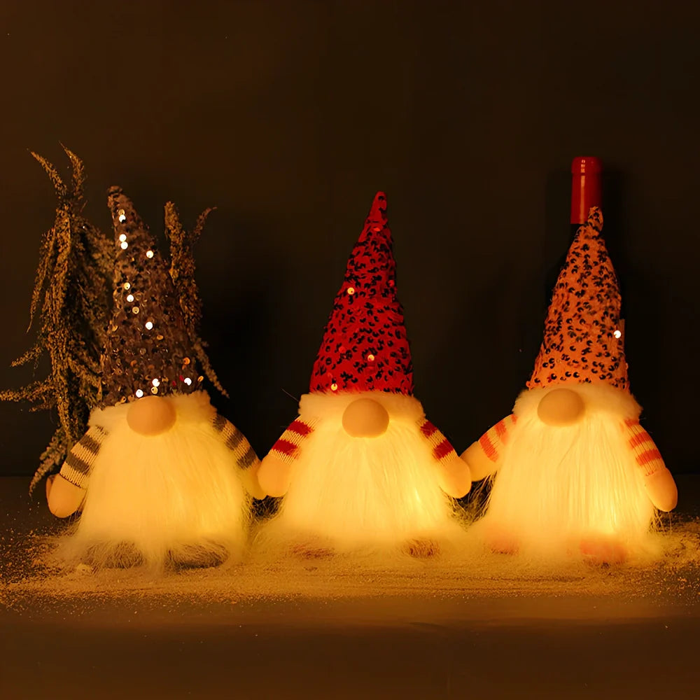 Glowing faceless doll ornament in red sequin cap, 10x10x30cm European style with cloth and plastic materials