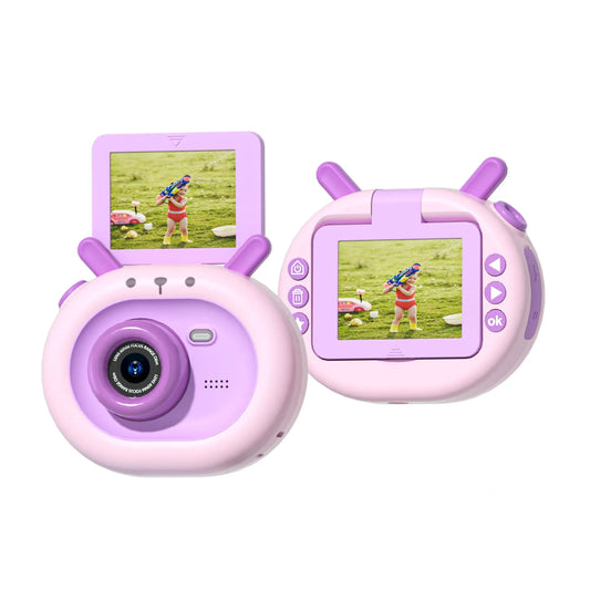Violet children's flip-screen camera with 9.8cm compact design and USB charging port