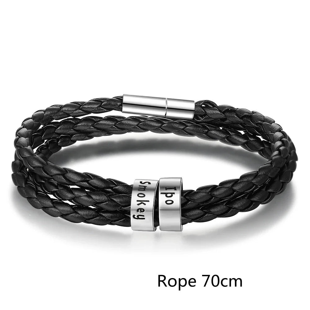 Personalized men's braided leather bracelet with stainless steel beads and custom name charm