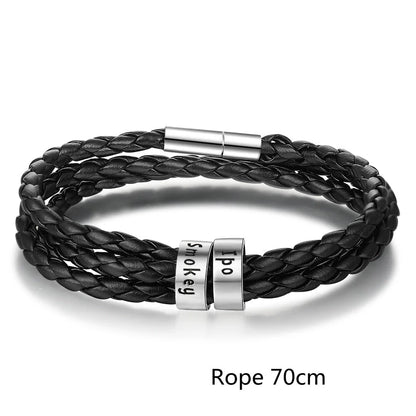 Personalized men's braided leather bracelet with stainless steel beads and custom name charm