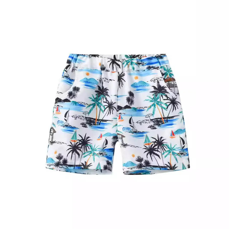 Beach shorts with elastic waistband in polyester blend fabric, available in 10 colourful tropical prints including blue coconut tree and pineapple designs, suitable for children and adults with height sizing from 100cm to 160cm for casual summer wear.