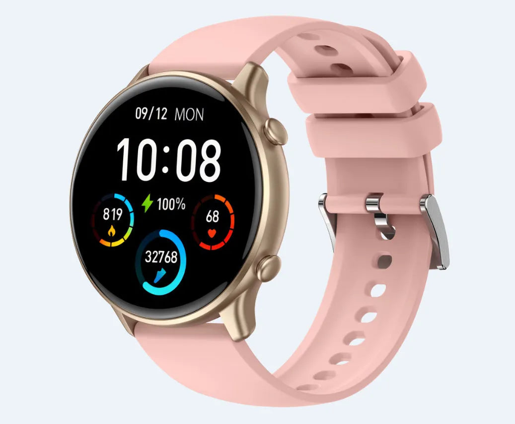 Round touch screen smart sports watch with silicone strap, showing heart rate and sleep monitoring display.