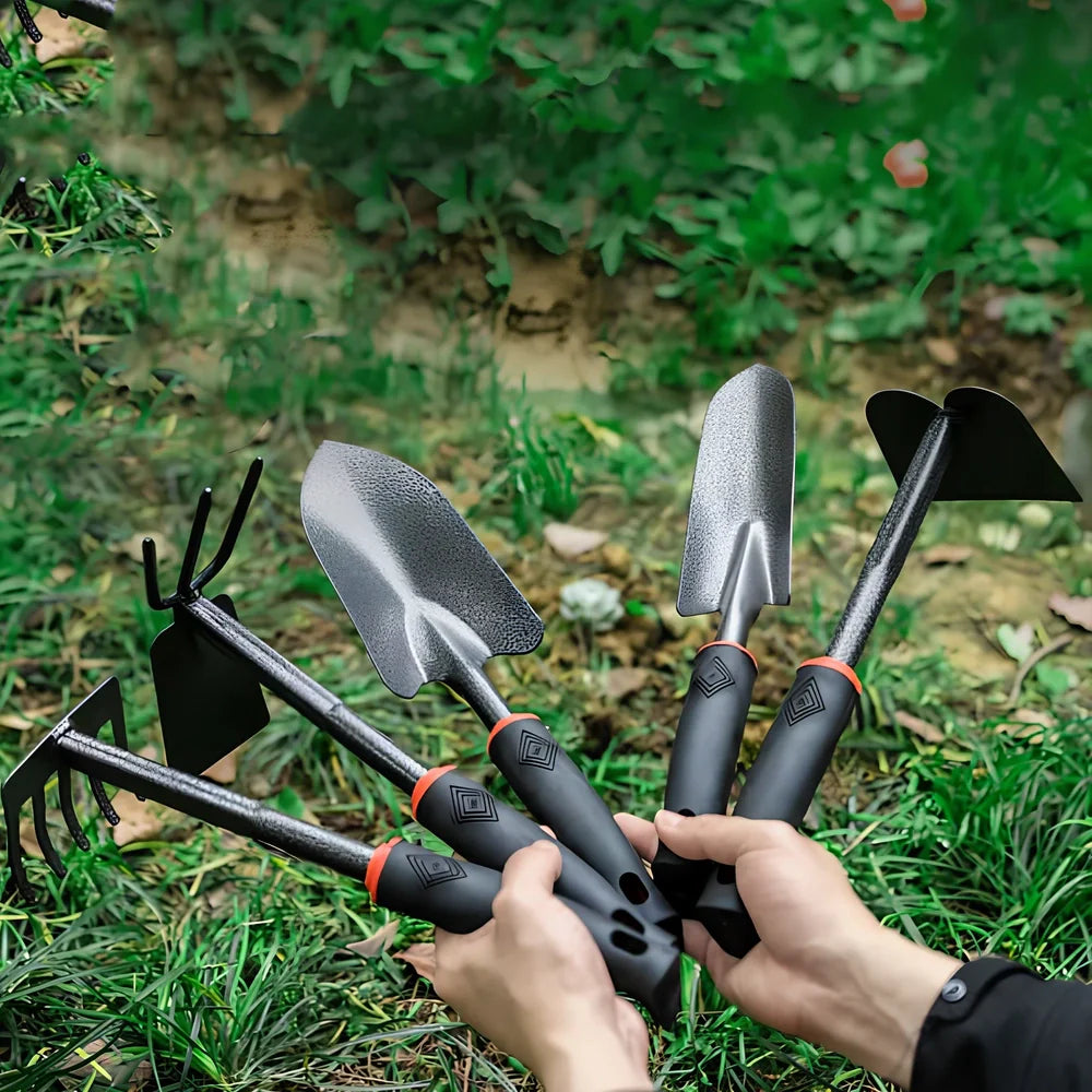 Five-piece small shovel set with black carbon steel heads and plastic handles for flower planting