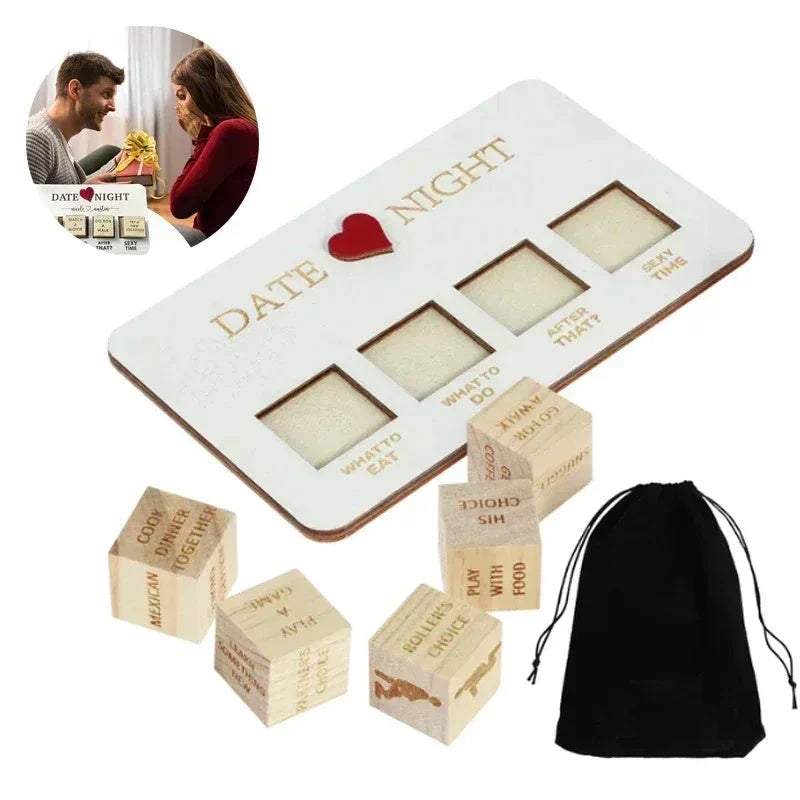 Romantic wooden date night dice set with 5 dice, date planner board, and storage bag for spontaneous couple's activities