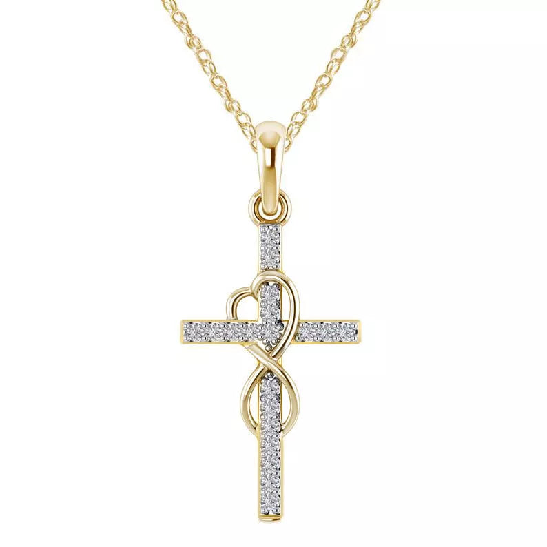 Alloy pendant necklace with diamond and eight-character cross design in gold, silver, and rose gold