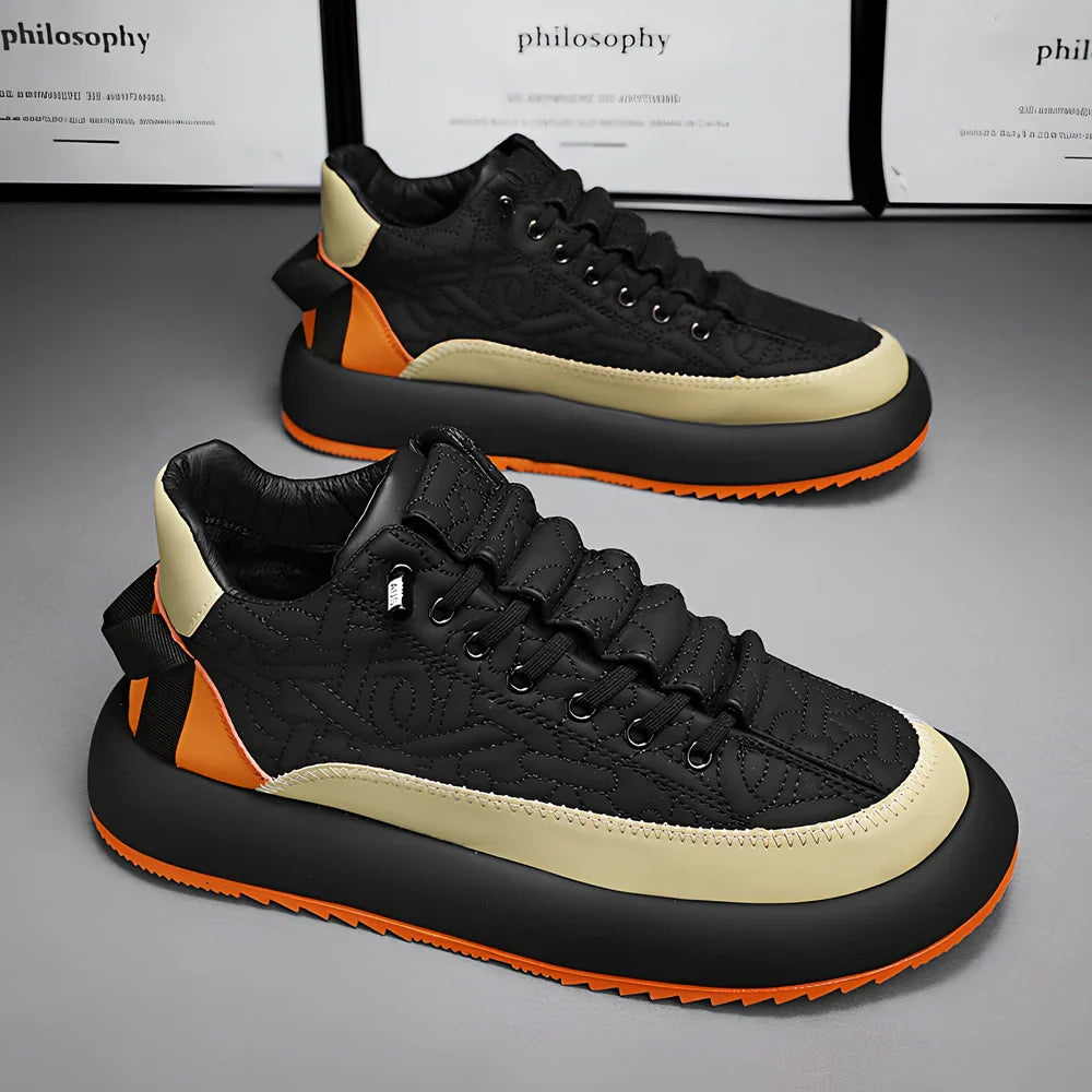 Men's elastic band casual shoes with thick sole in black and orange colour combination