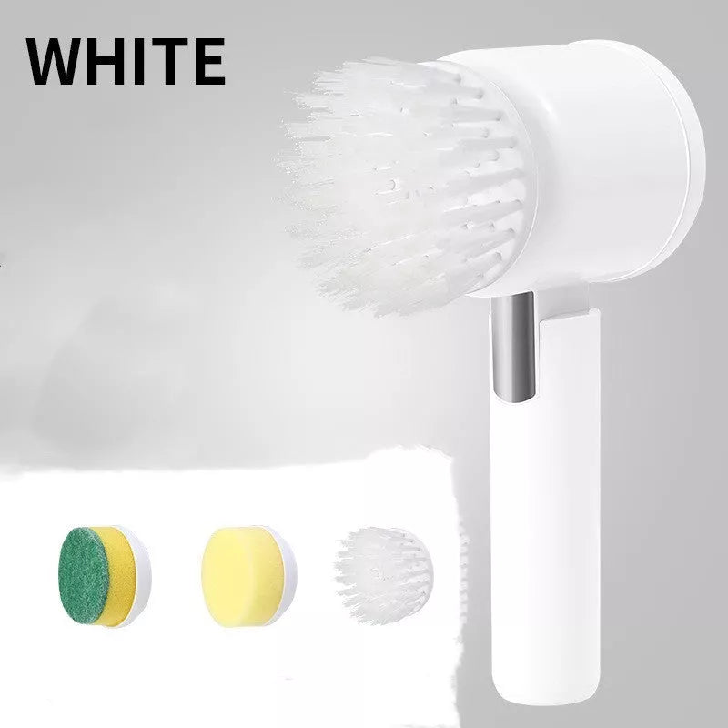 Foldable electric cleaning brush with three interchangeable heads in green, white, and yellow colors