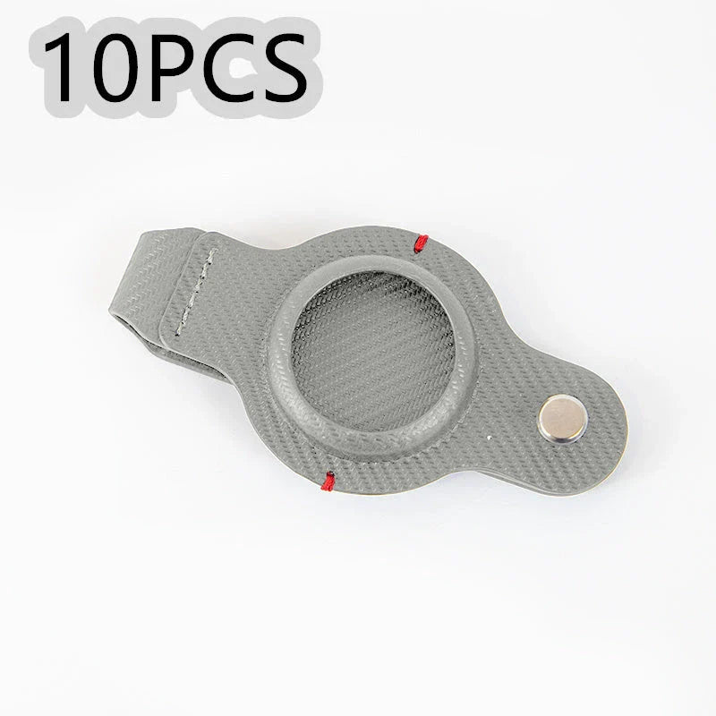 Stylish and secure AirTag holder keychain in black and grey PU leather, with a sturdy key ring for attaching to valuables