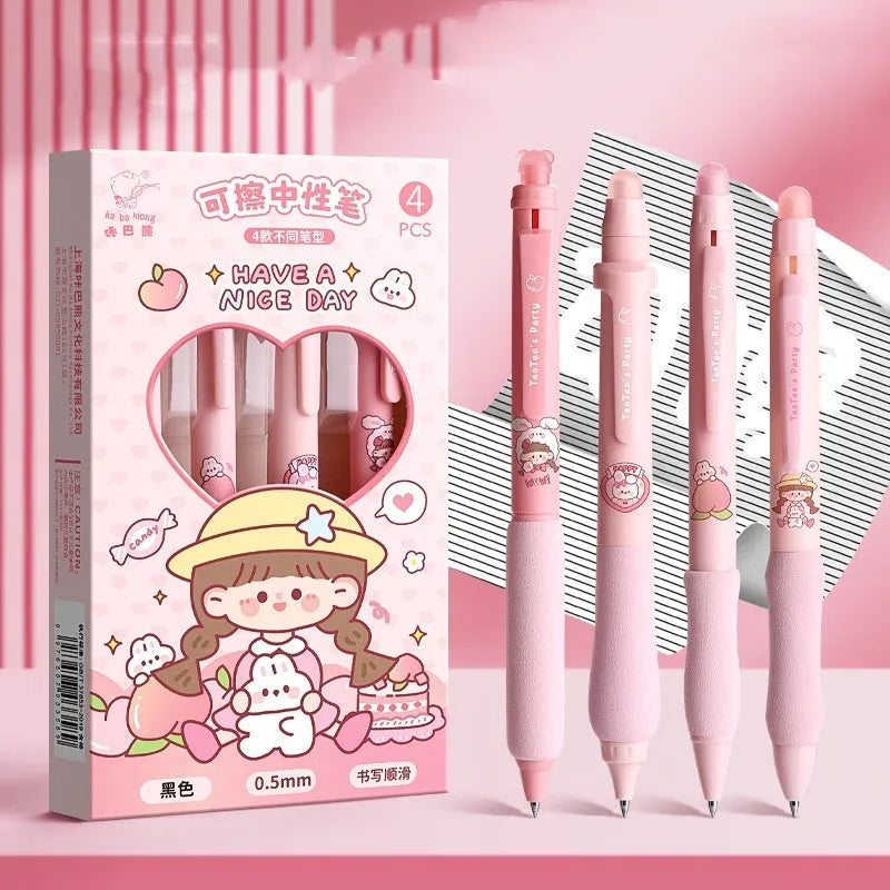 Cartoon-themed erasable gel pen with 0.5mm tip and press-action button.