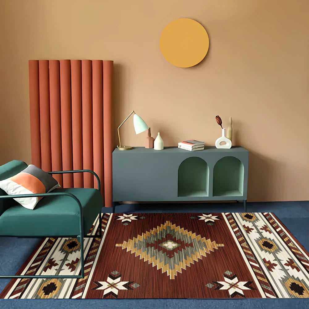 Rectangular boho-style polyester rug in various colours and sizes, machine-woven for consistent texture