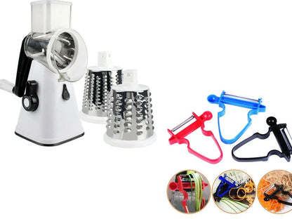 Stainless steel vegetable peeler set with black, blue, red handles and dual swivel blades