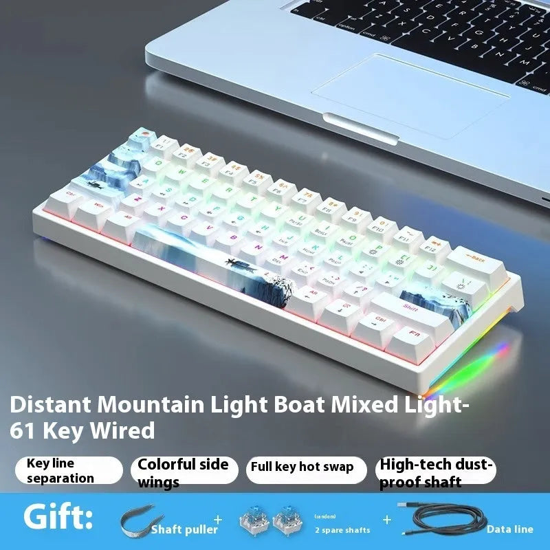 Small white 61-key mechanical keyboard with hot-swappable sockets and a black USB cable.