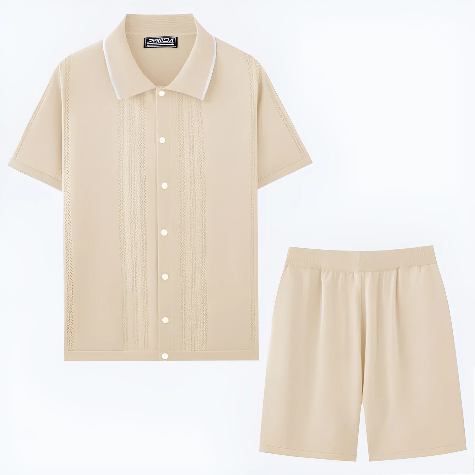 Women's khaki coloured short sleeve knit top and matching shorts, a Tencel viscose two-piece casual set.