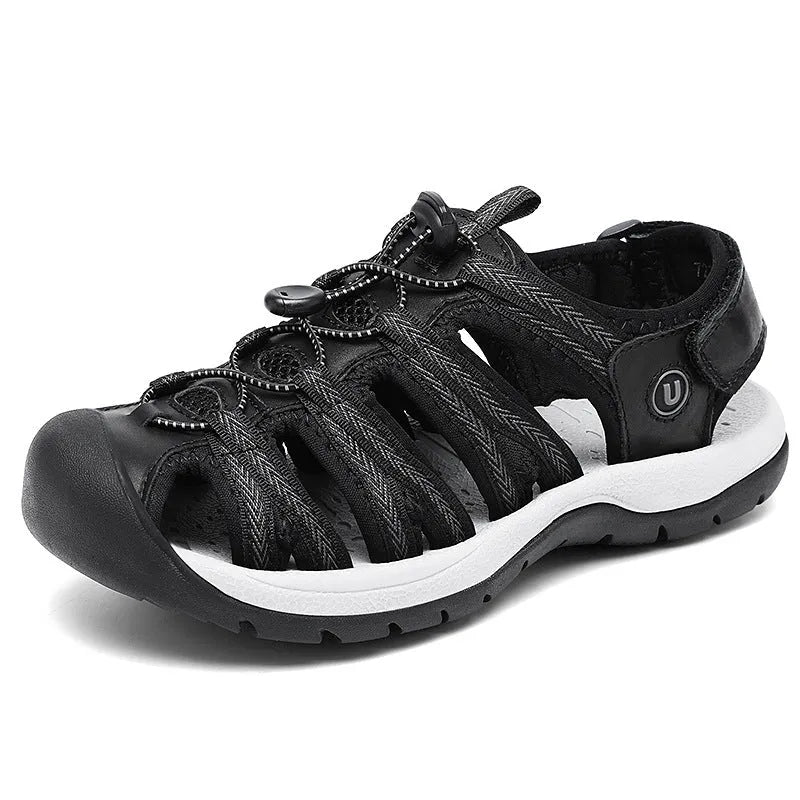 Women's black leather mesh sandals with elastic band and wide round toe box on rubber sole