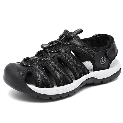 Women's black leather mesh sandals with elastic band and wide round toe box on rubber sole