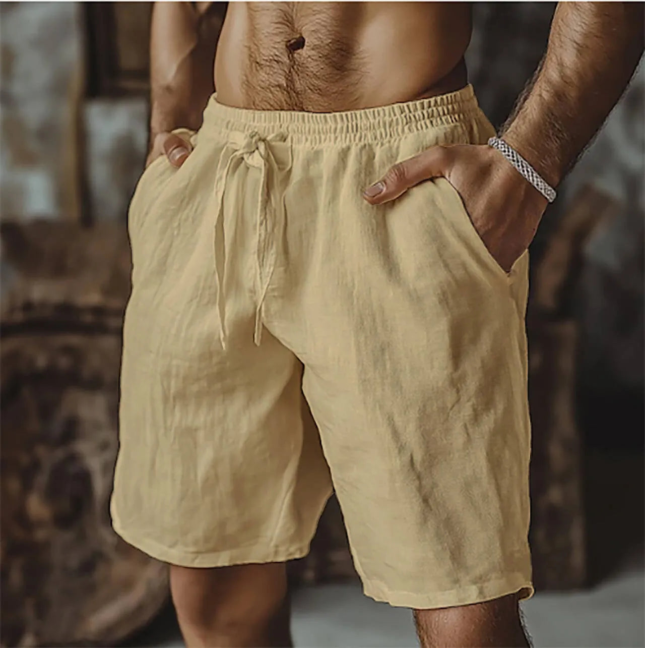Men's cotton linen beach shorts in straight-leg British style shown in seven colour options
