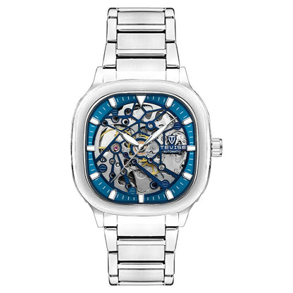 Men's square hollow automatic watch with luminous hands, stainless steel strap, and water resistance