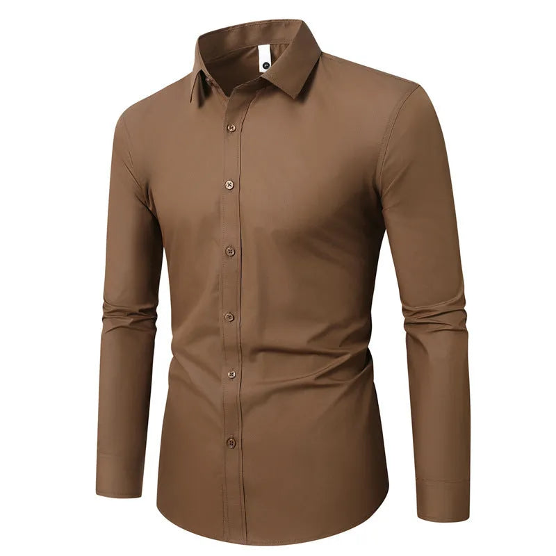 Long-sleeve linen shirt in various colours including black, brown, and navy blue, with loose fit and sizes up to 5XL