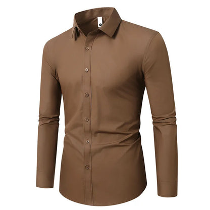 Long-sleeve linen shirt in various colours including black, brown, and navy blue, with loose fit and sizes up to 5XL