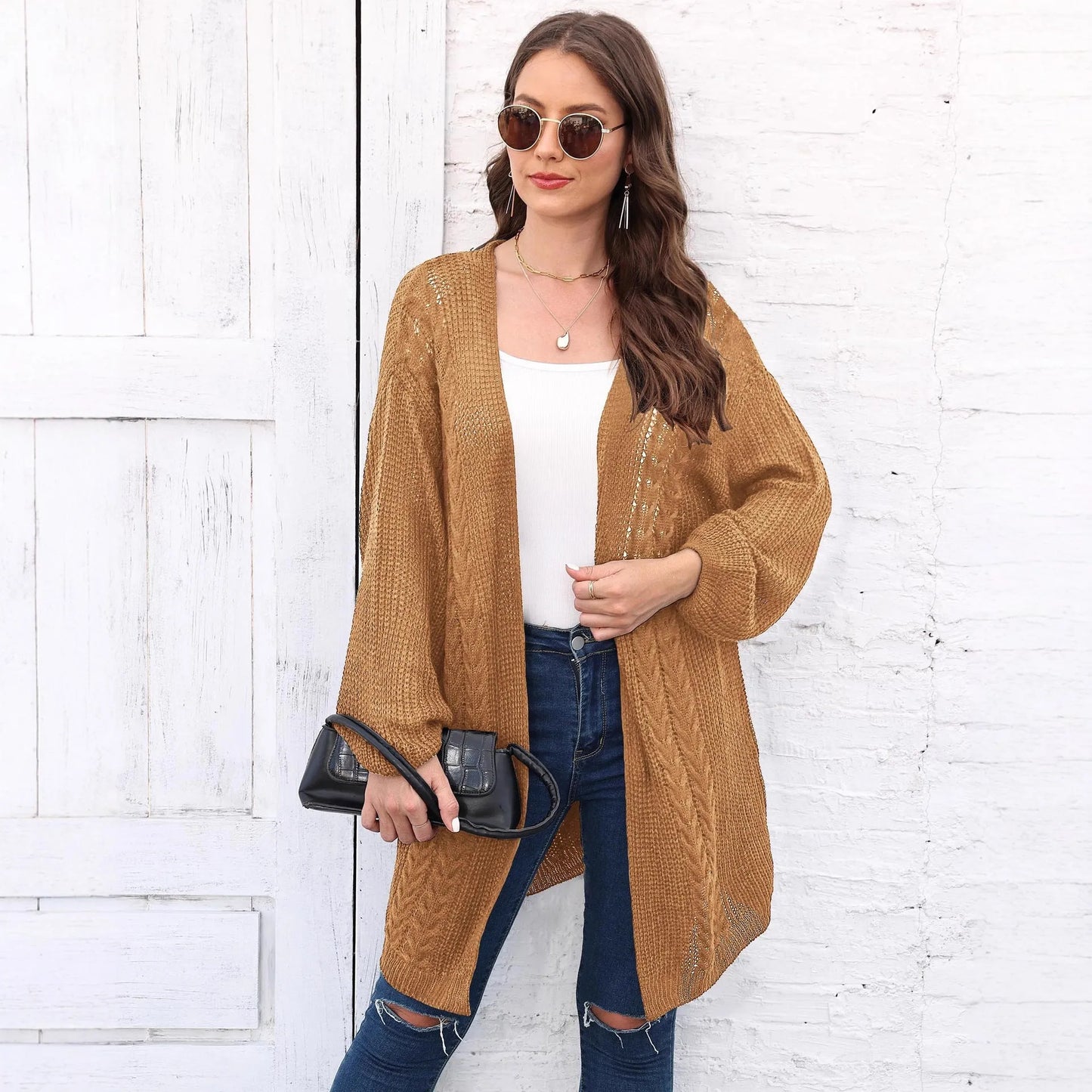 Women's loose acrylic sweater coat in free size showing Army Green colour option