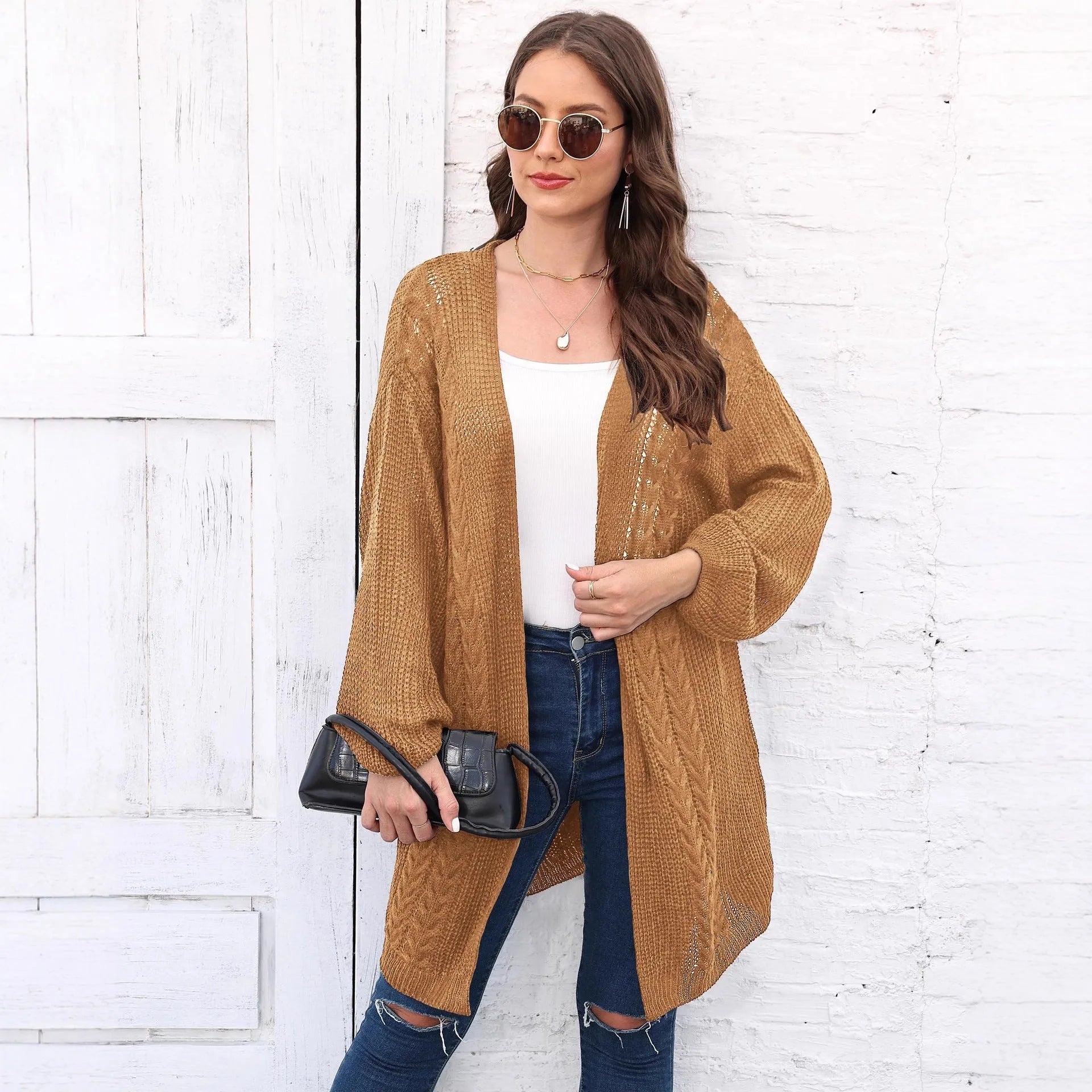 Women's loose acrylic sweater coat in free size showing Army Green colour option