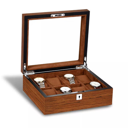 Matte wood grain lock watch storage box with 5 slots, brown color