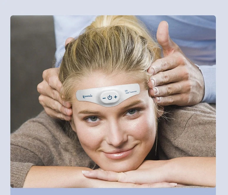 Electronic Smart Sleep Instrument on forehead demonstrating use for insomnia relief