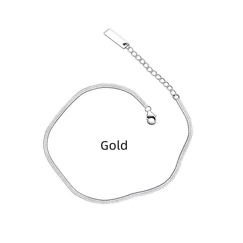 S925 Silver Simple Flat Snake Bone Single Chain Anklet in silver and gold finishes