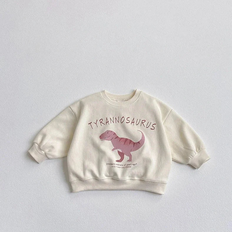 Children's beige sweatshirt with printed cartoon dinosaur design, pullover style without hood