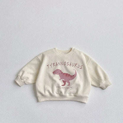 Children's beige sweatshirt with printed cartoon dinosaur design, pullover style without hood
