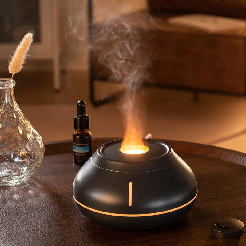 Soothing aroma diffuser with realistic flame-like humidification effect and color-changing LED lights for home and office use